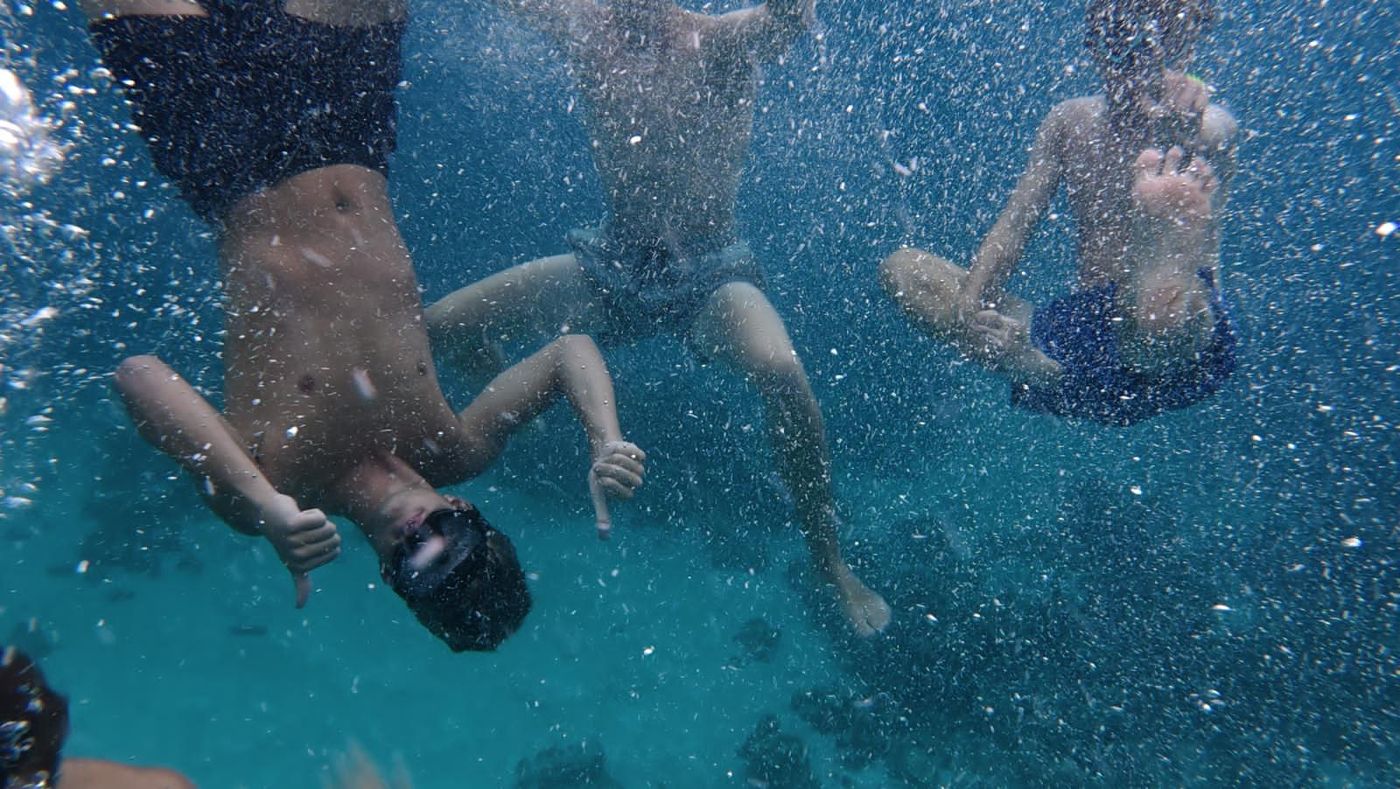 Guests swimming underwater in clear water